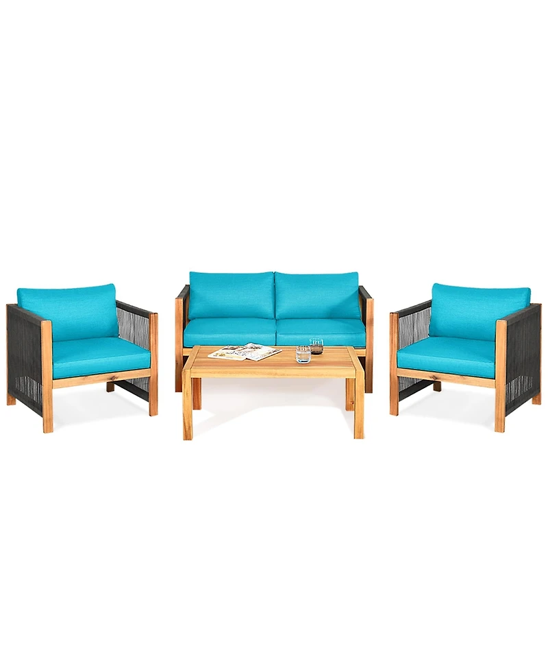 Gymax 8PCS Acacia Wood Outdoor Patio Furniture Conversation Set W/ Turquoise Cushions