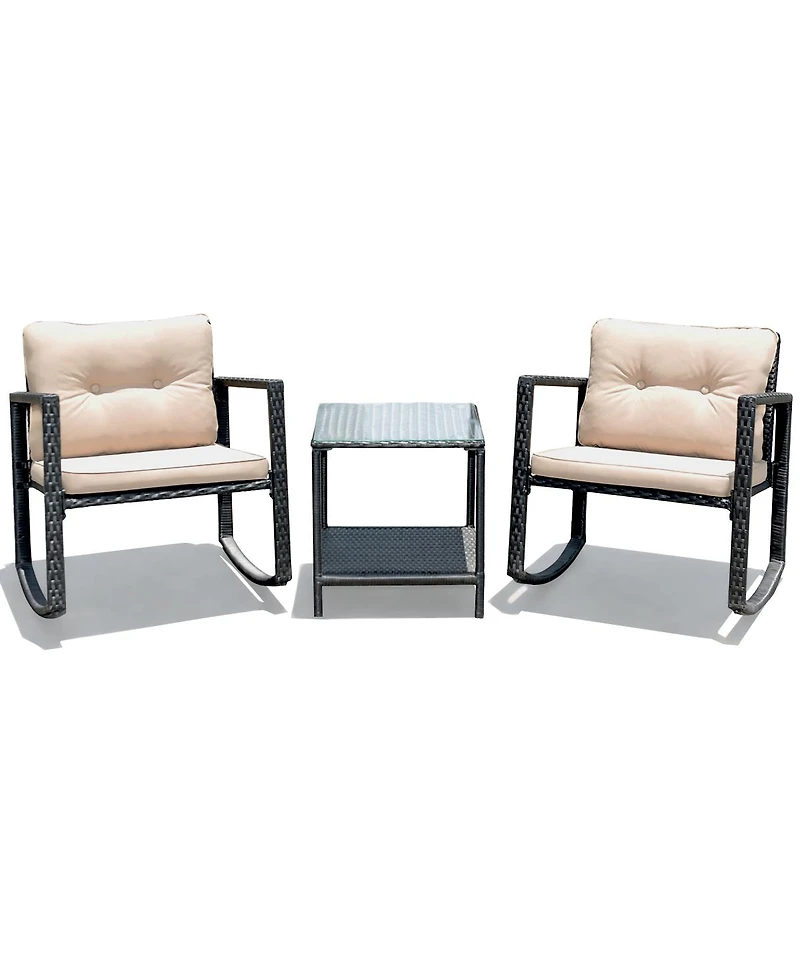 3PC Patio Rattan Conversation Set Rocking Chair Cushioned
