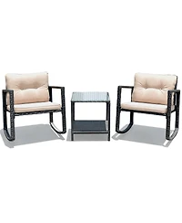 3PC Patio Rattan Conversation Set Rocking Chair Cushioned