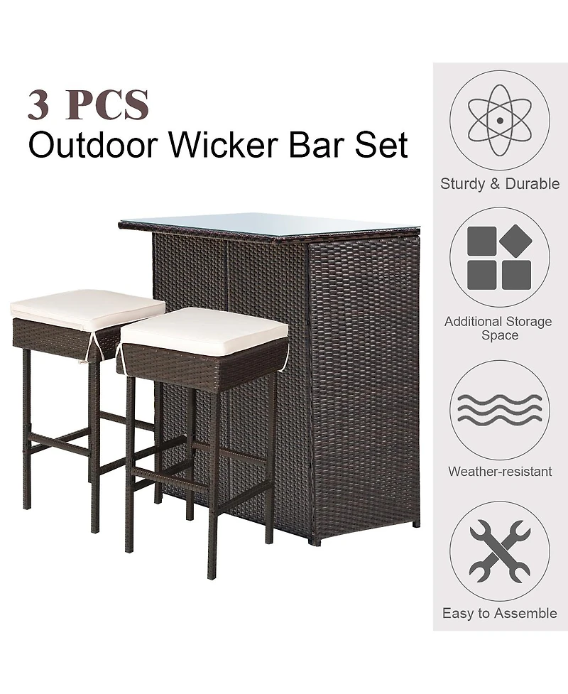 Costway 3PCS Patio Rattan Wicker Bar Table Stools Dining Set Cushioned