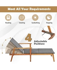 Costway Patio Rattan Chaise Lounge Chair Recliner Back Adjustable Acacia Wood Garden