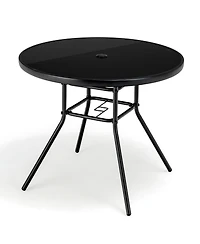 Costway 34 Inch Patio Dining Table Round Tempered Glass Tabletop with 1.5'' Umbrella Hole