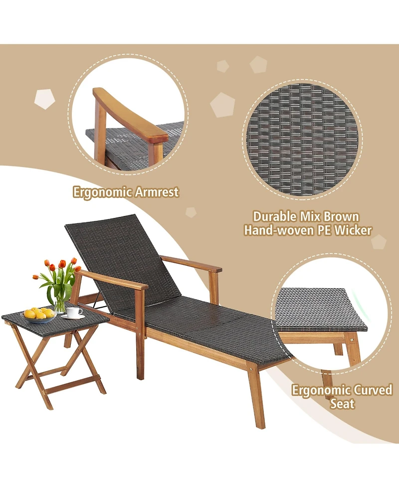 Costway 2PCS Patio Rattan Lounge Chair Chaise Recliner Wood Back Adjust W/Folding Table
