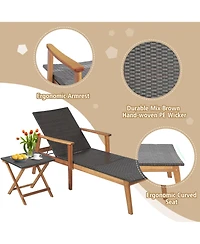 Costway 2PCS Patio Rattan Lounge Chair Chaise Recliner Wood Back Adjust W/Folding Table