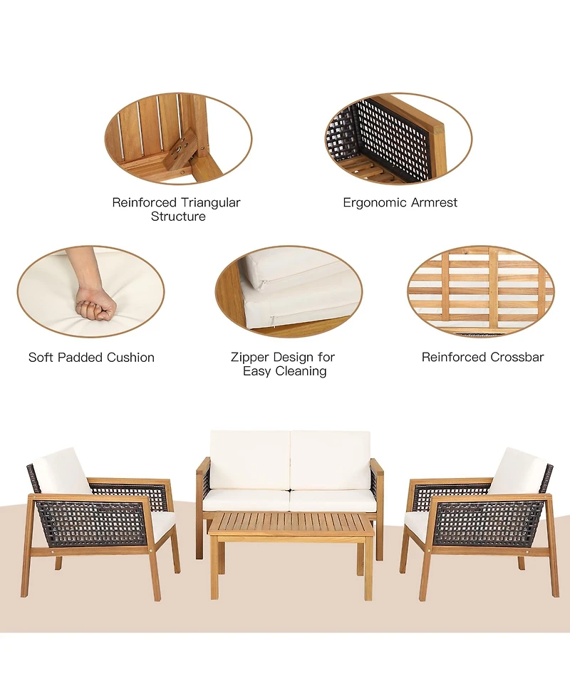 4PCS Patio Rattan Furniture Set Acacia Wood Cushioned Sofa