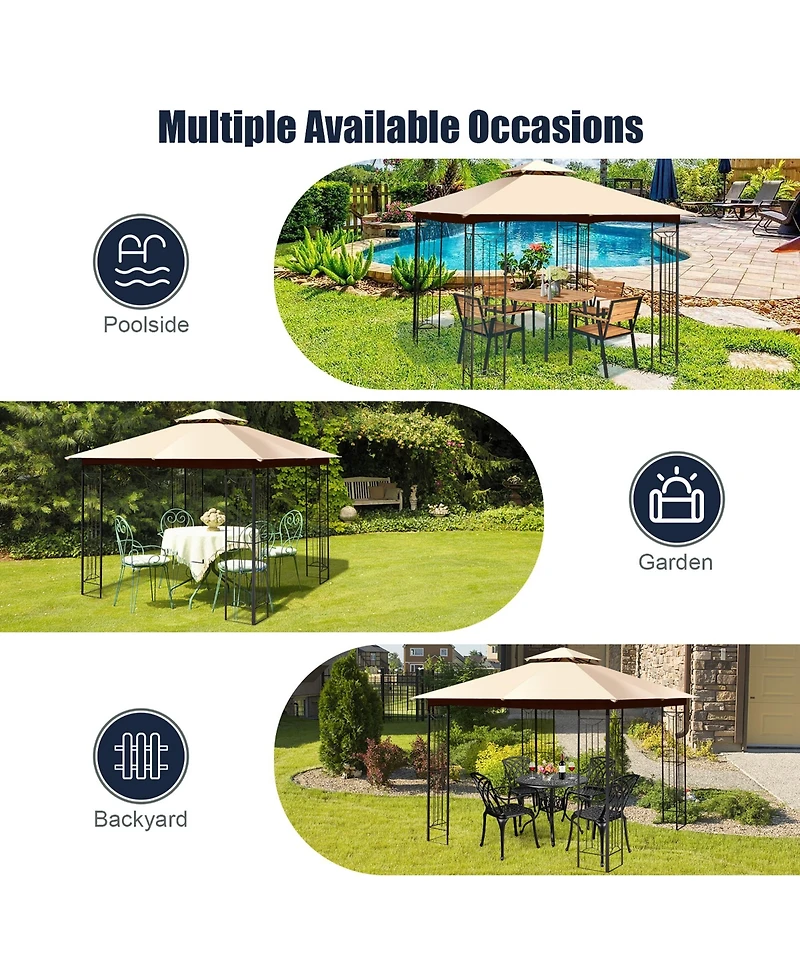 10' x 10' Patio Canopy Gazebo Outdoor 2-Tier Steel Tent Heavy-Duty L-Shaped