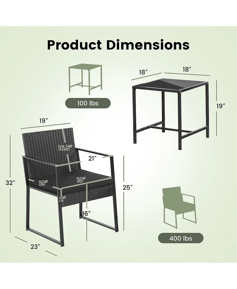 Costway 3pcs Patio Furniture Set Heavy Duty Cushioned Wicker Rattan Chairs Table Outdoor