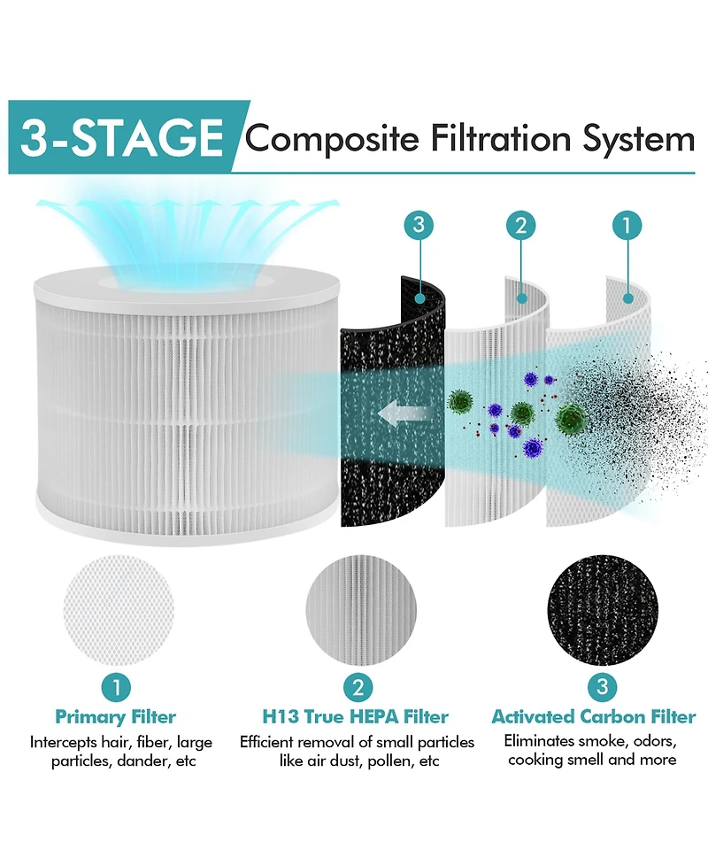 Air Purifier Replacement Filter 3-in-1 H13 True Hepa for Dust Smoke Home Office