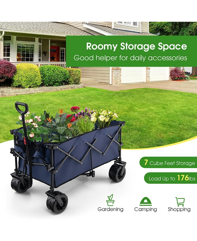 Folding Collapsible Wagon Utility Garden Cart w/ Wide Wheels Adjustable Handle