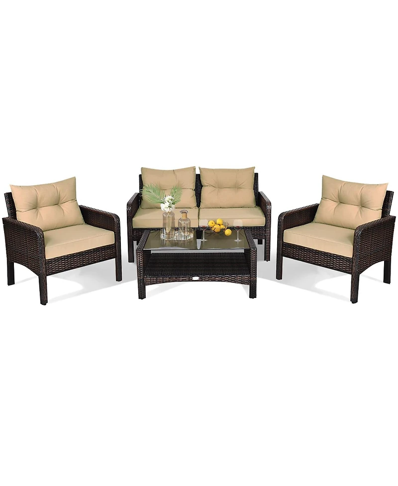 Gymax 4PCS Rattan Wicker Patio Conversation Set Cushioned Outdoor Furniture Set
