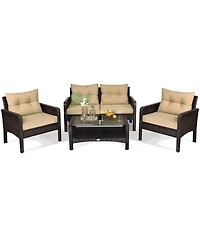Gymax 4PCS Rattan Wicker Patio Conversation Set Cushioned Outdoor Furniture Set