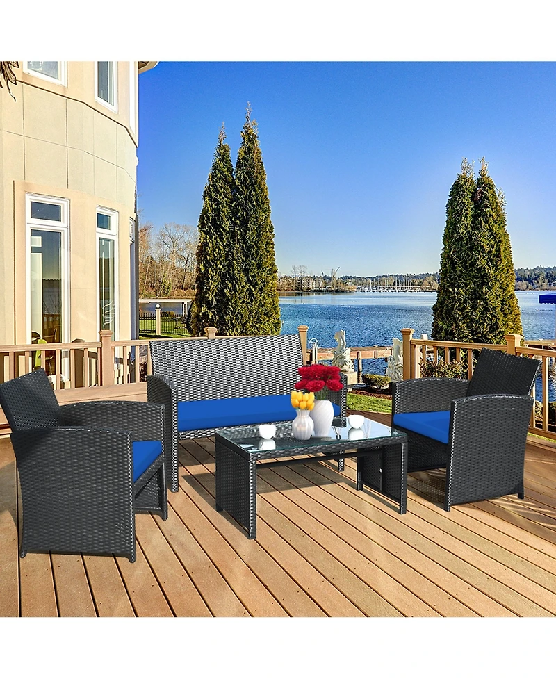 Gymax 4PCS Rattan Outdoor Conversation Set Patio Furniture Set w/ Navy Cushions