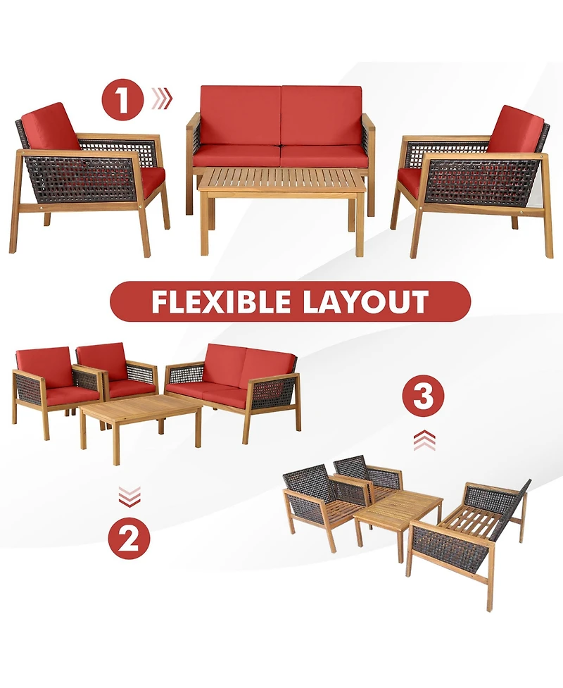 Gymax 4PCS Patio Acacia Wood Furniture Set Pe Rattan Conversation Set w/ Red Cushions