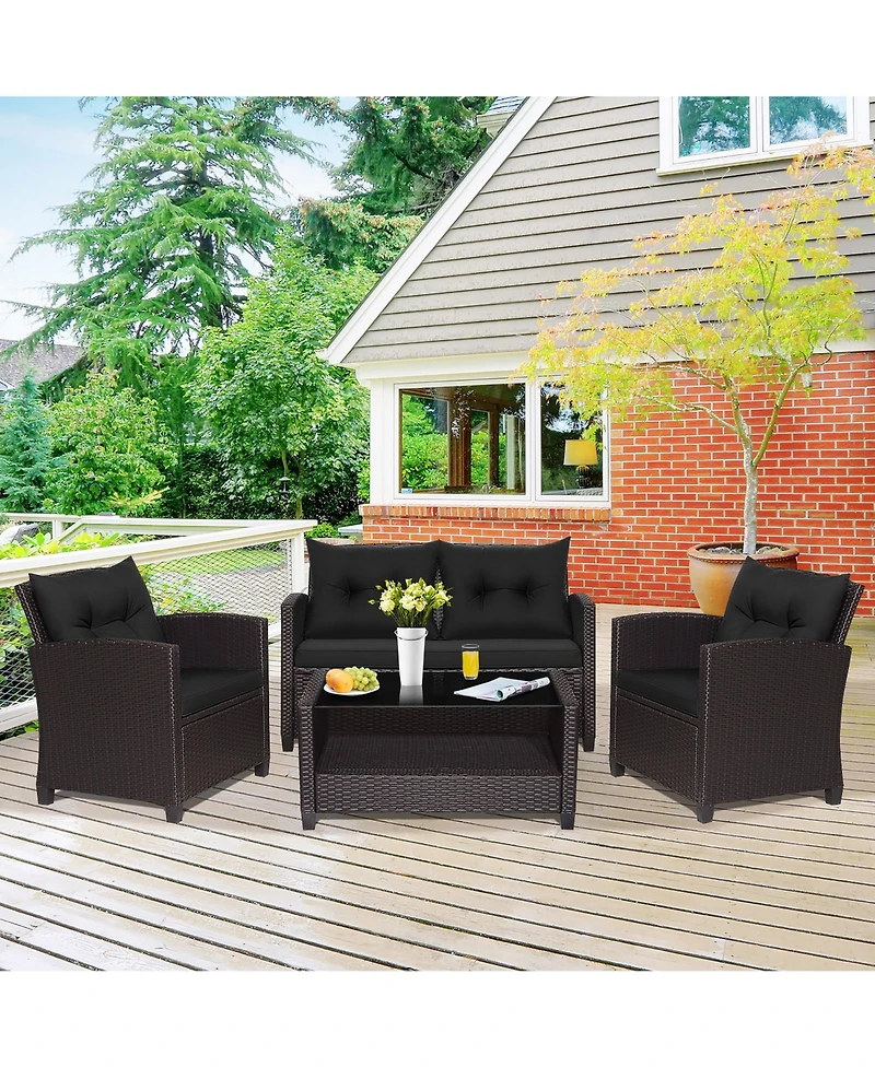 Gymax 4PCS Outdoor Conversation Set Patio Pe Rattan w/ Glass Table & Sofa Cushions