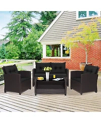 Gymax 4PCS Outdoor Conversation Set Patio Pe Rattan w/ Glass Table & Sofa Cushions