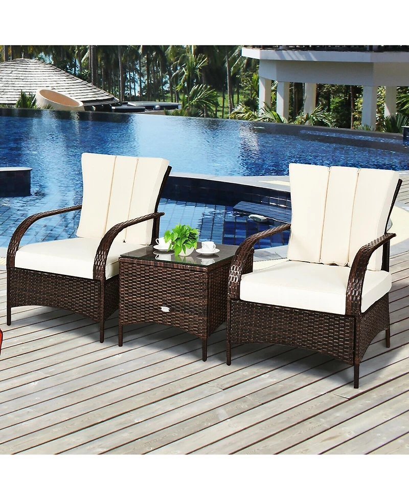 3 Pcs Patio Rattan Furniture Set Coffee Table & 2 Rattan Chair
