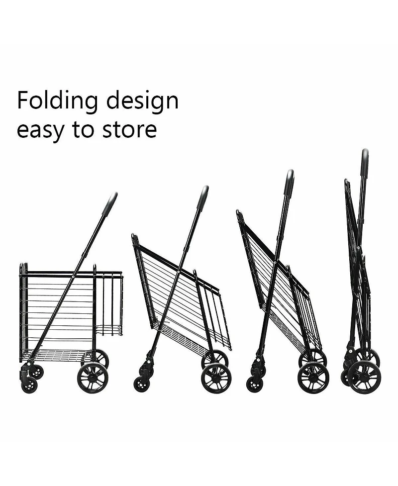 Folding Shopping Cart Jumbo Basket Rolling Utility Trolley Adjustable Handle