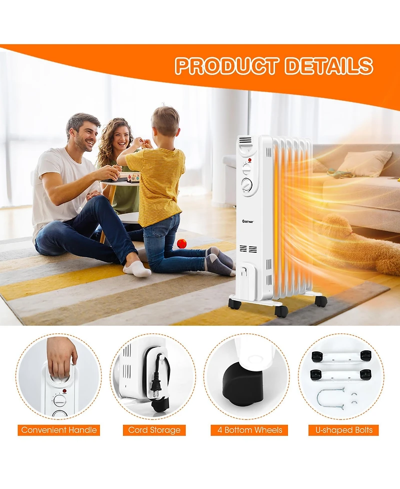 1500W Electric Indoor Oil Heater W/3 Heat Settings & Safe Protection