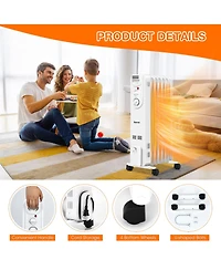 1500W Electric Indoor Oil Heater W/3 Heat Settings & Safe Protection