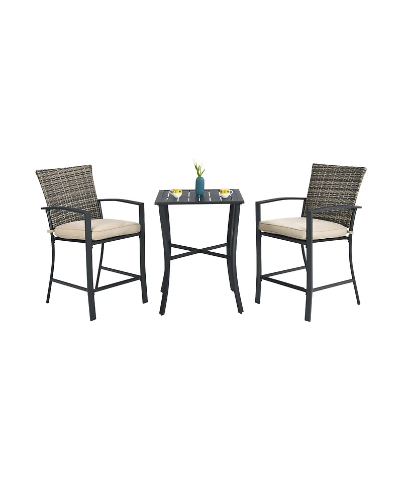 Costway Patio Rattan Bar Furniture Set Slat Table 2 Cushioned Stools Poolside