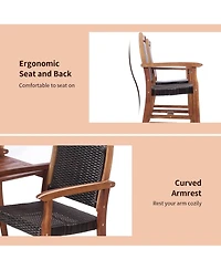 2-Seat Patio Rattan Bench Acacia Wood Frame Table W/Umbrella Hole Deck