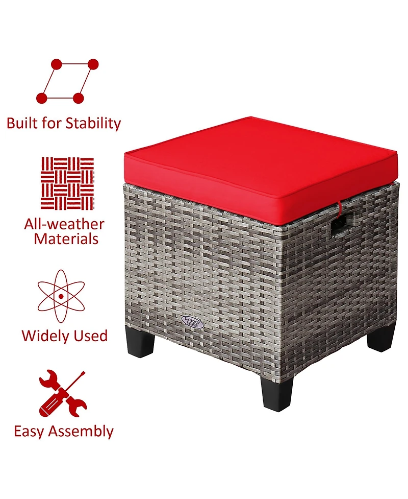 2PCS Patio Rattan Cushioned Ottoman Seat Foot Rest Table