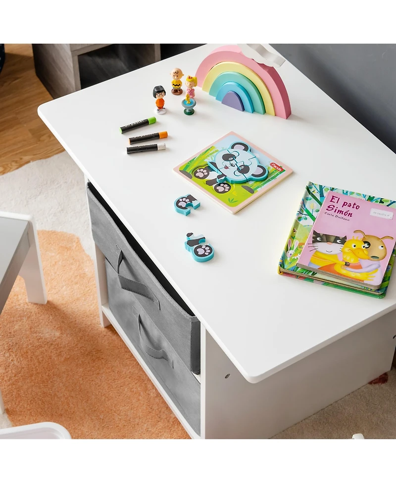 Costway Kids Art Play Wood Table and 2 Chairs Set w/ Storage Baskets Puzzle