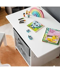 Costway Kids Art Play Wood Table and 2 Chairs Set w/ Storage Baskets Puzzle