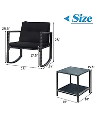 3PC Patio Rattan Conversation Set Rocking Chair Cushioned