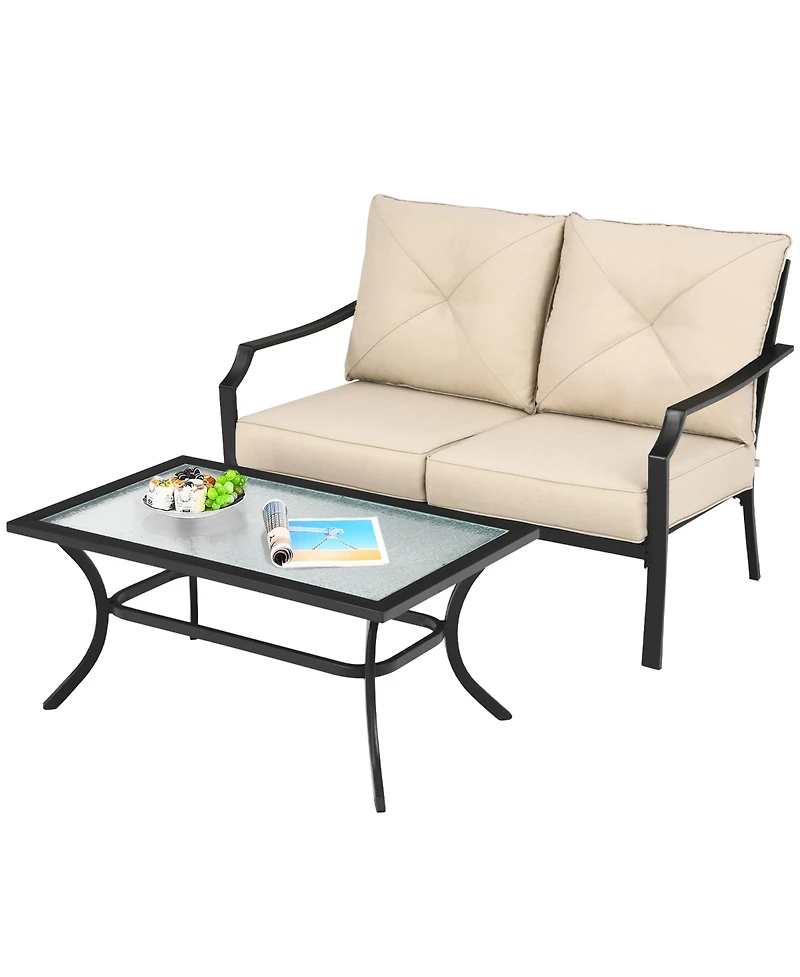 Costway 2 Pcs Patio Loveseat with Coffee Table Outdoor Sofa Bench with Cushions