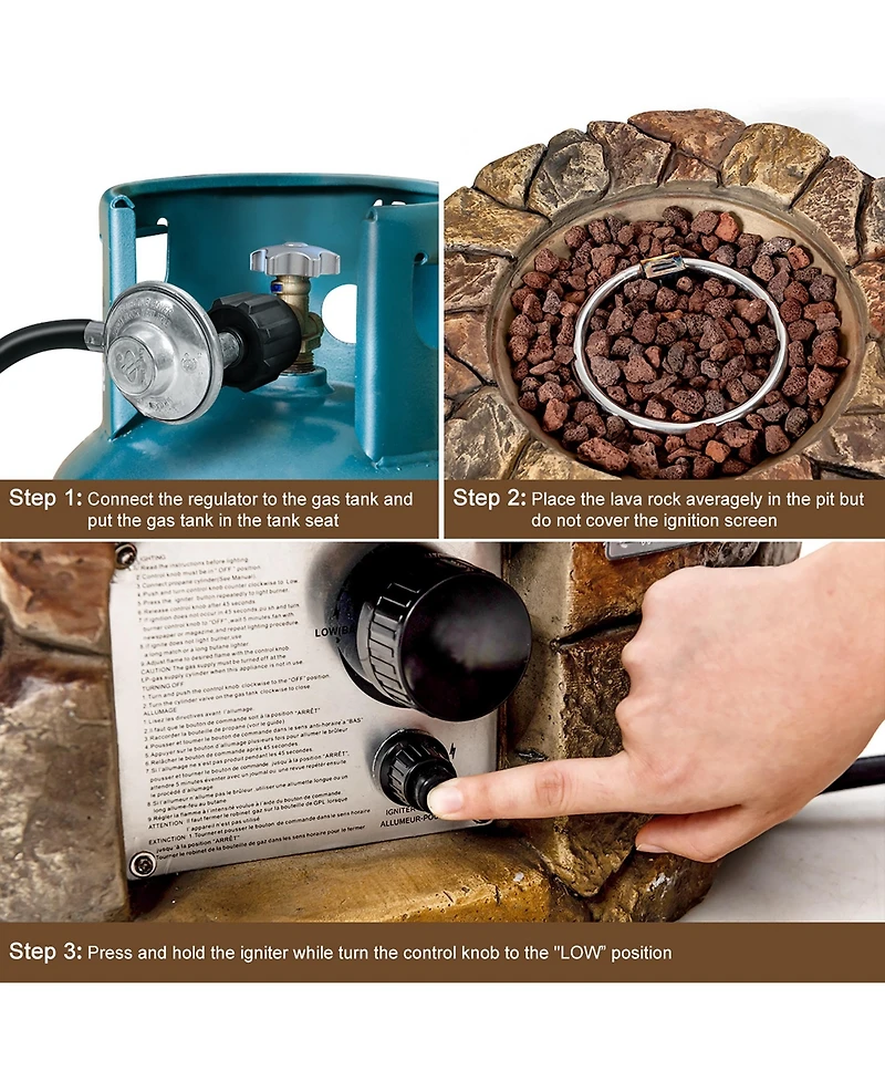 28'' Propane Gas Fire Pit Outdoor 40,000 BTUs Stone Finish Lava Rocks Cover