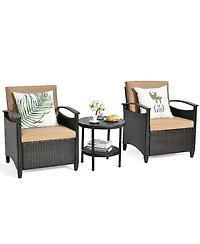 3PCS Patio Rattan Furniture Set Cushioned Sofa Storage Table W/ Shelf Garden