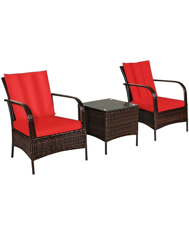 Costway 3 Pcs Patio Rattan Furniture Set Coffee Table & 2 Rattan Chair