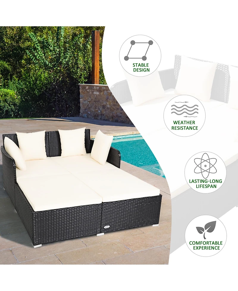 Outdoor Patio Rattan Daybed Thick Pillows Cushioned Sofa Furniture