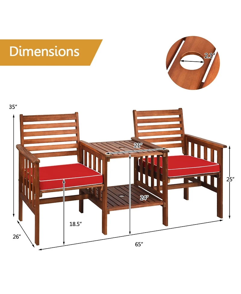 Gymax Acacia Wood Loveseat Patio Outdoor Conversation Set w/ Table Red Cushion