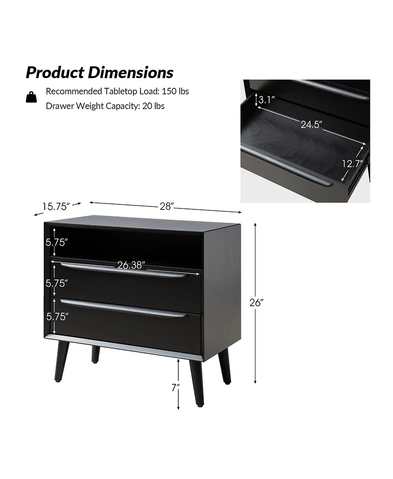 Hulala Home Kay Mid-century Modern 2 - Drawer Nightstand with Built-In Outlets
