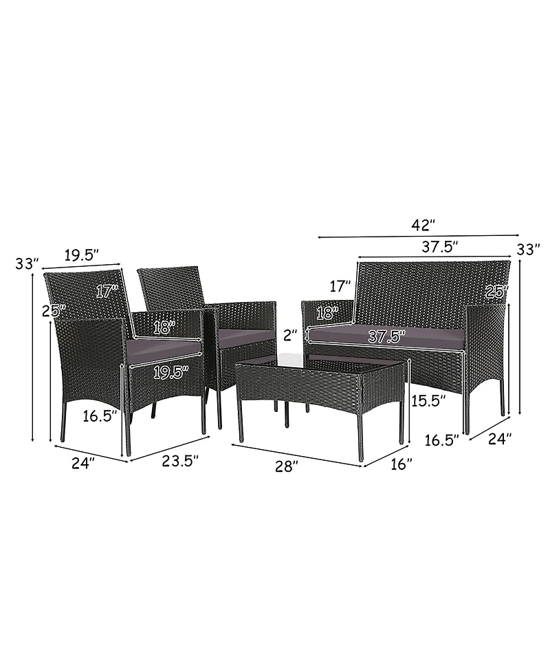 Gymax 4PCS Outdoor Furniture Set Patio Rattan Conversation Set w/ Grey & Off White Cushion