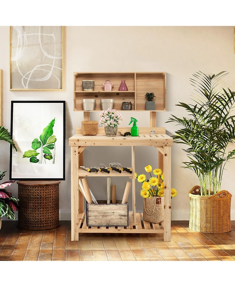 Garden Wooden Potting Table Workstation with Storage Shelf