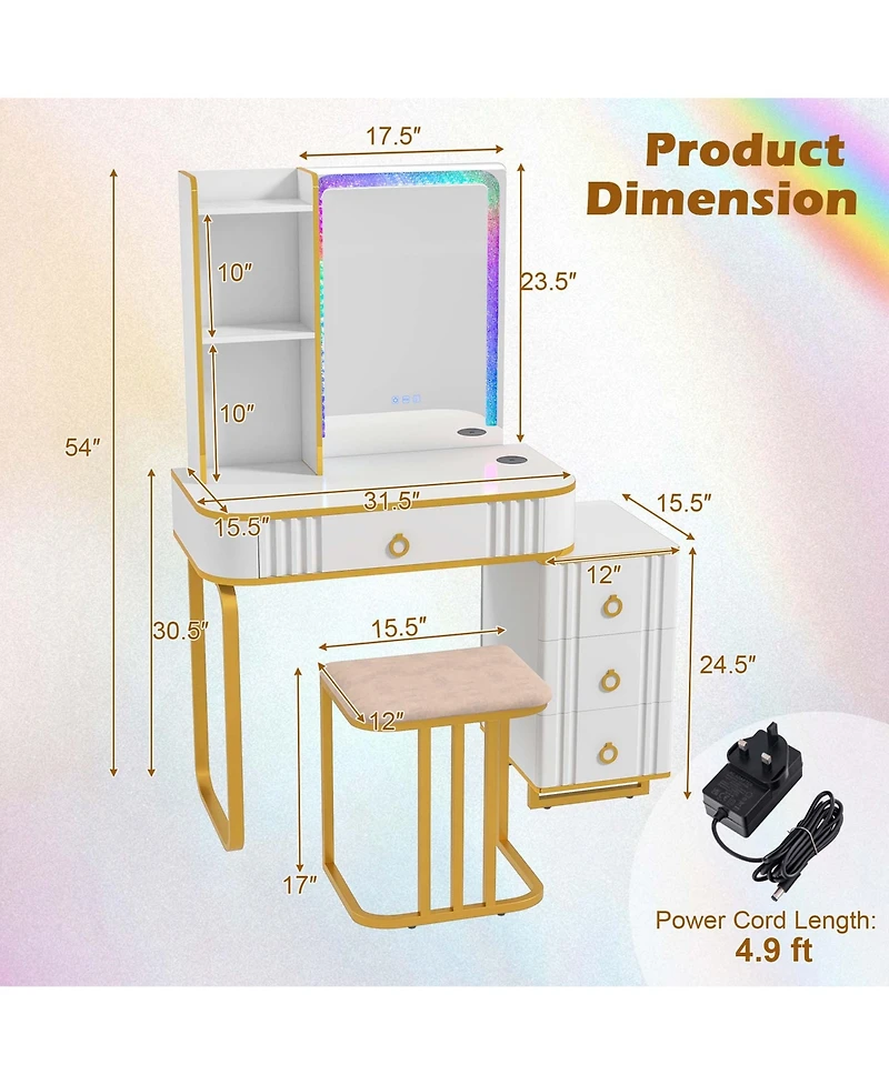 Vanity Table Set with Rgb Led Lights Crystal Crush Diamond Mirror Drawers