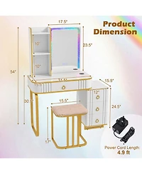Vanity Table Set with Rgb Led Lights Crystal Crush Diamond Mirror Drawers