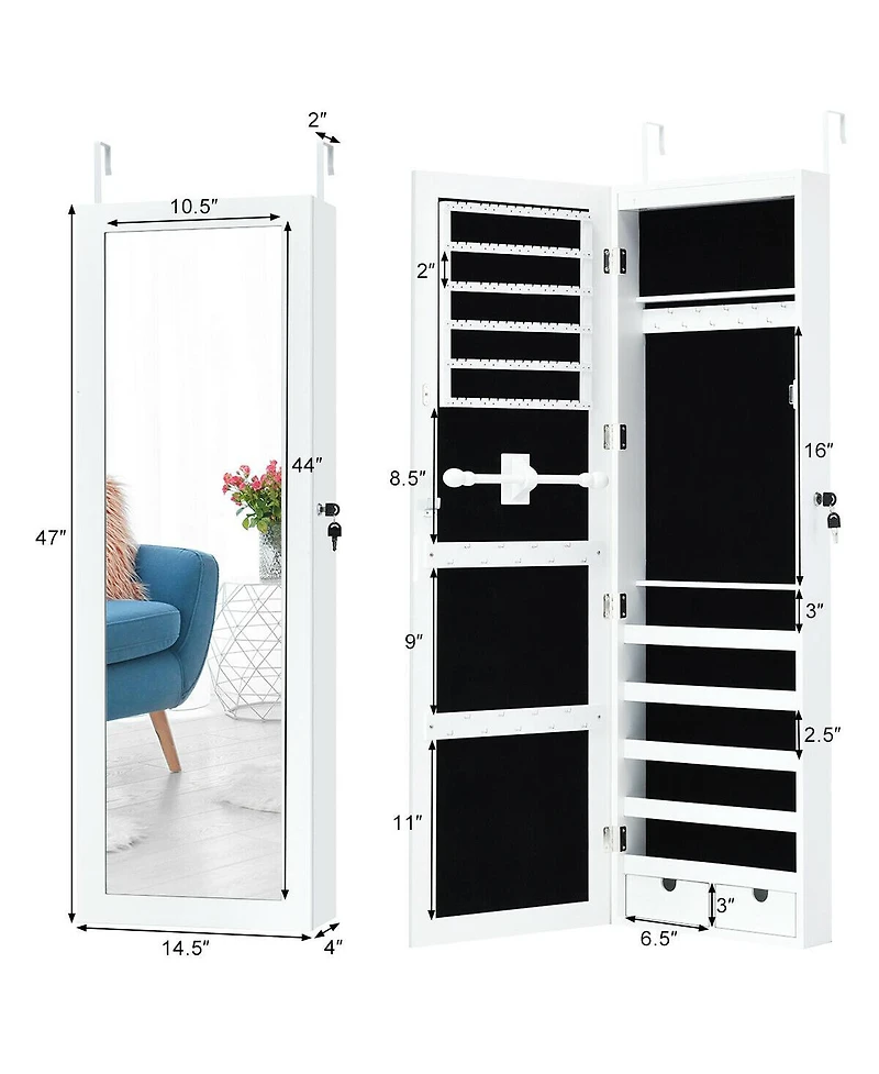 Door Mounted Lockable Mirrored Jewelry Cabinet with Led Lights