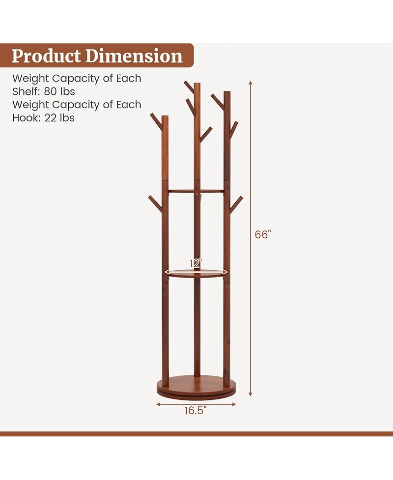 Freestanding Wooden Coat Tree 360° Rotary Coat Rack with 3 Display Storage Shelves