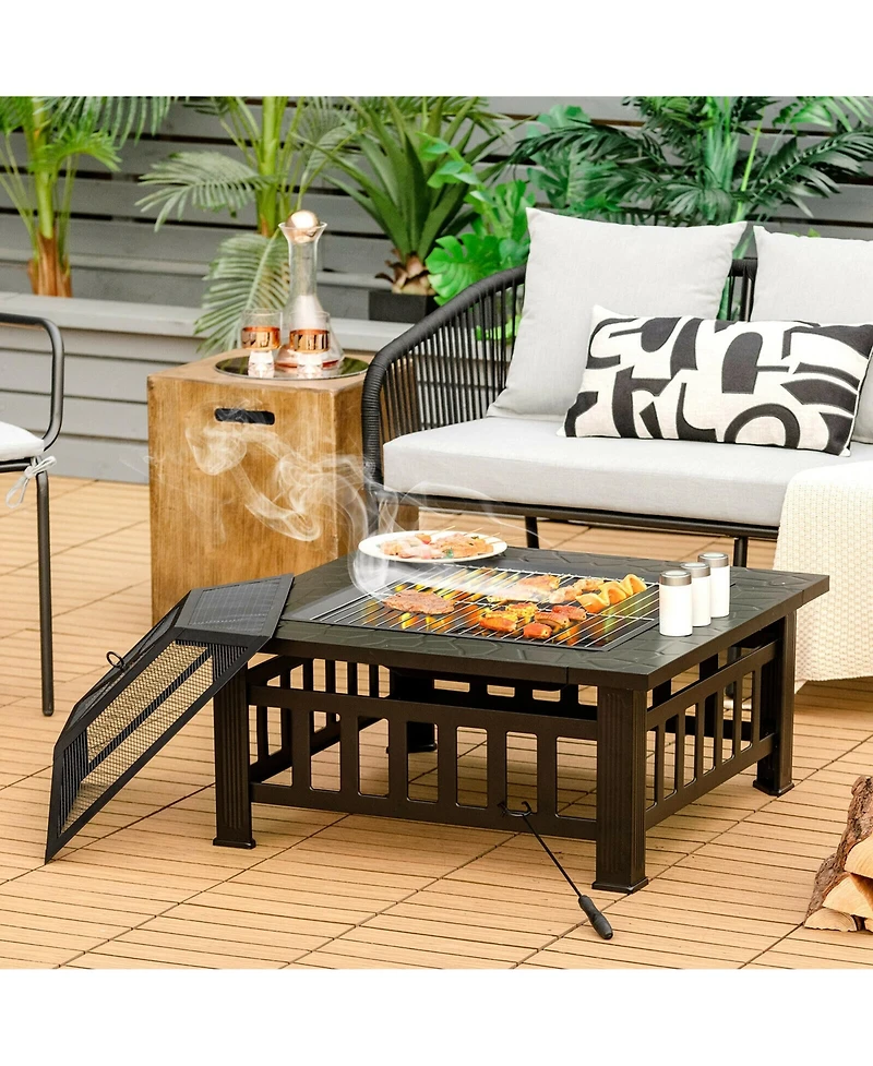 Gymax 32'' 3 in 1 Outdoor Square Fire Pit Table W/ Bbq Grill Rain Cover for Camping