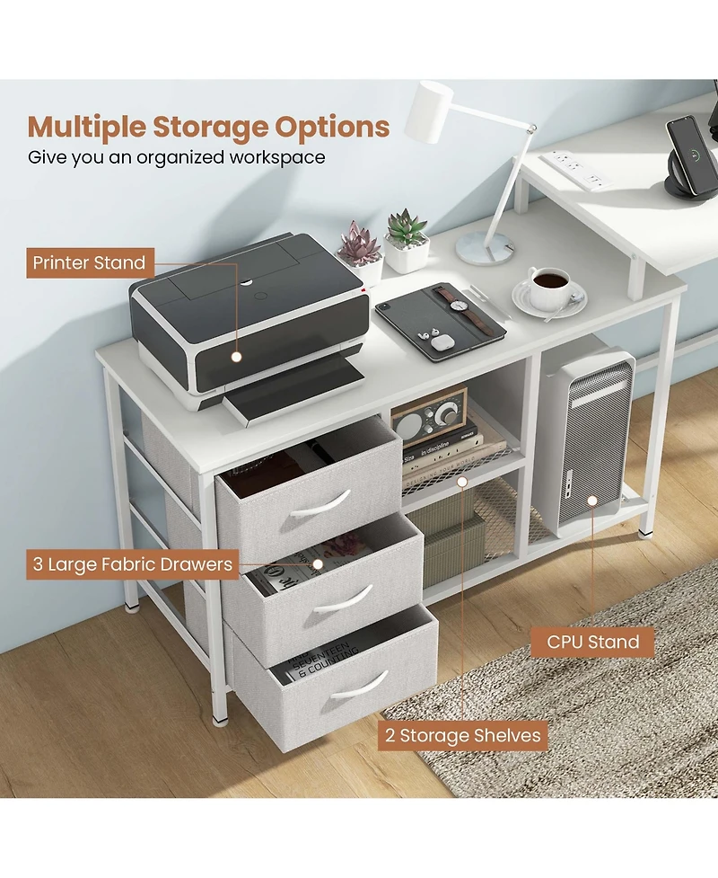 L-shaped Computer Desk with Power Outlet, Drawers, Metal Mesh Shelves