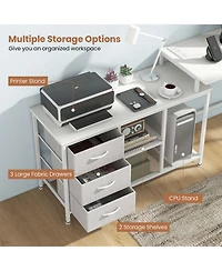 L-shaped Computer Desk with Power Outlet, Drawers, Metal Mesh Shelves