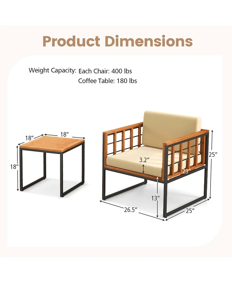 Costway 3 Pcs Patio Chair Set Acacia Wood Sofa Set with Metal Support Soft Seat Cushions