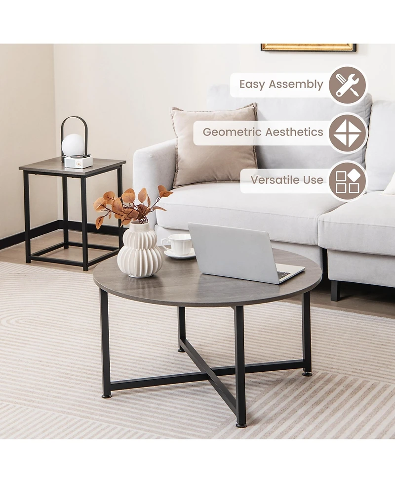 Costway 3 Pcs Coffee Table Set Round Coffee Table and 2 Pcs Square End Tables Metal Frame