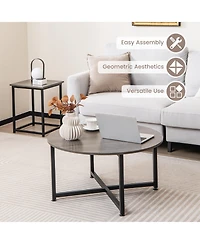 Costway 3 Pcs Coffee Table Set Round Coffee Table and 2 Pcs Square End Tables Metal Frame