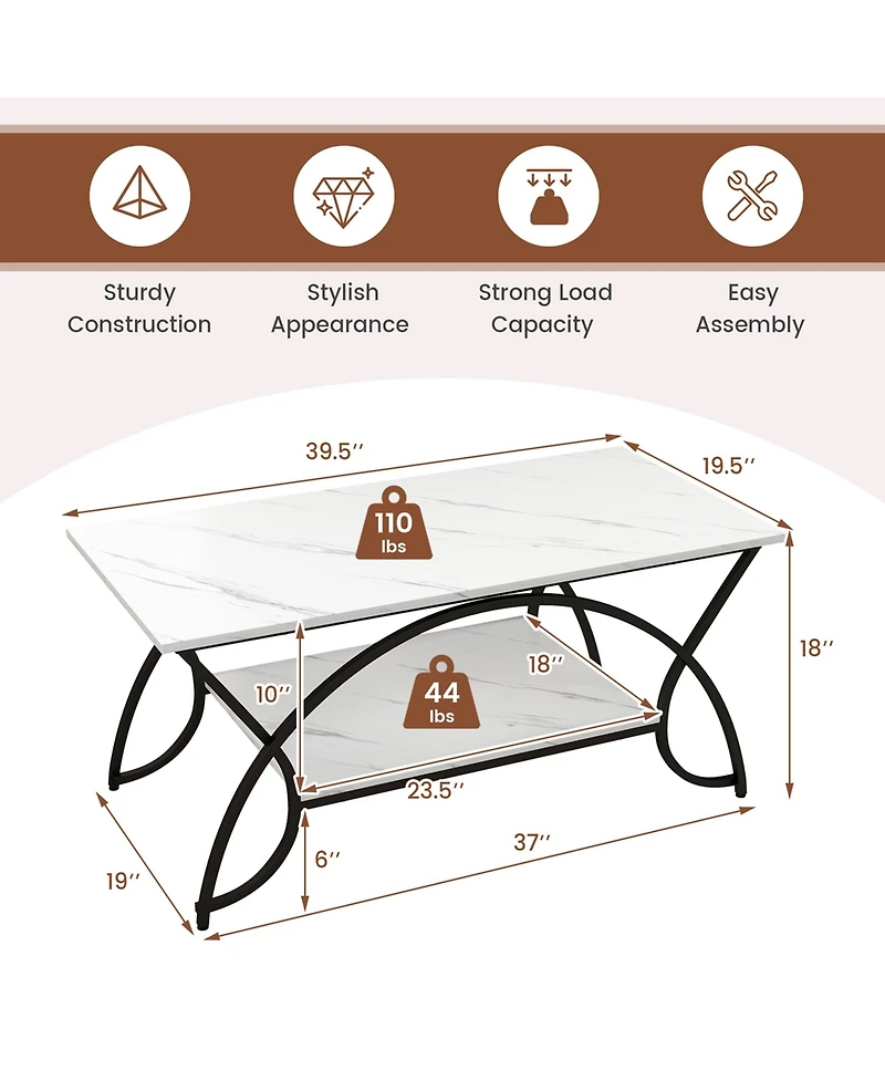 2-Tier Industrial Coffee Table Rectangular Cocktail with Storage Shelf
