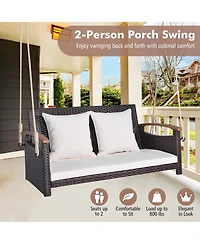 Costway Patio Rattan Porch Swing 2-Person Hanging Chair Cushioned Loveseat for Backyard